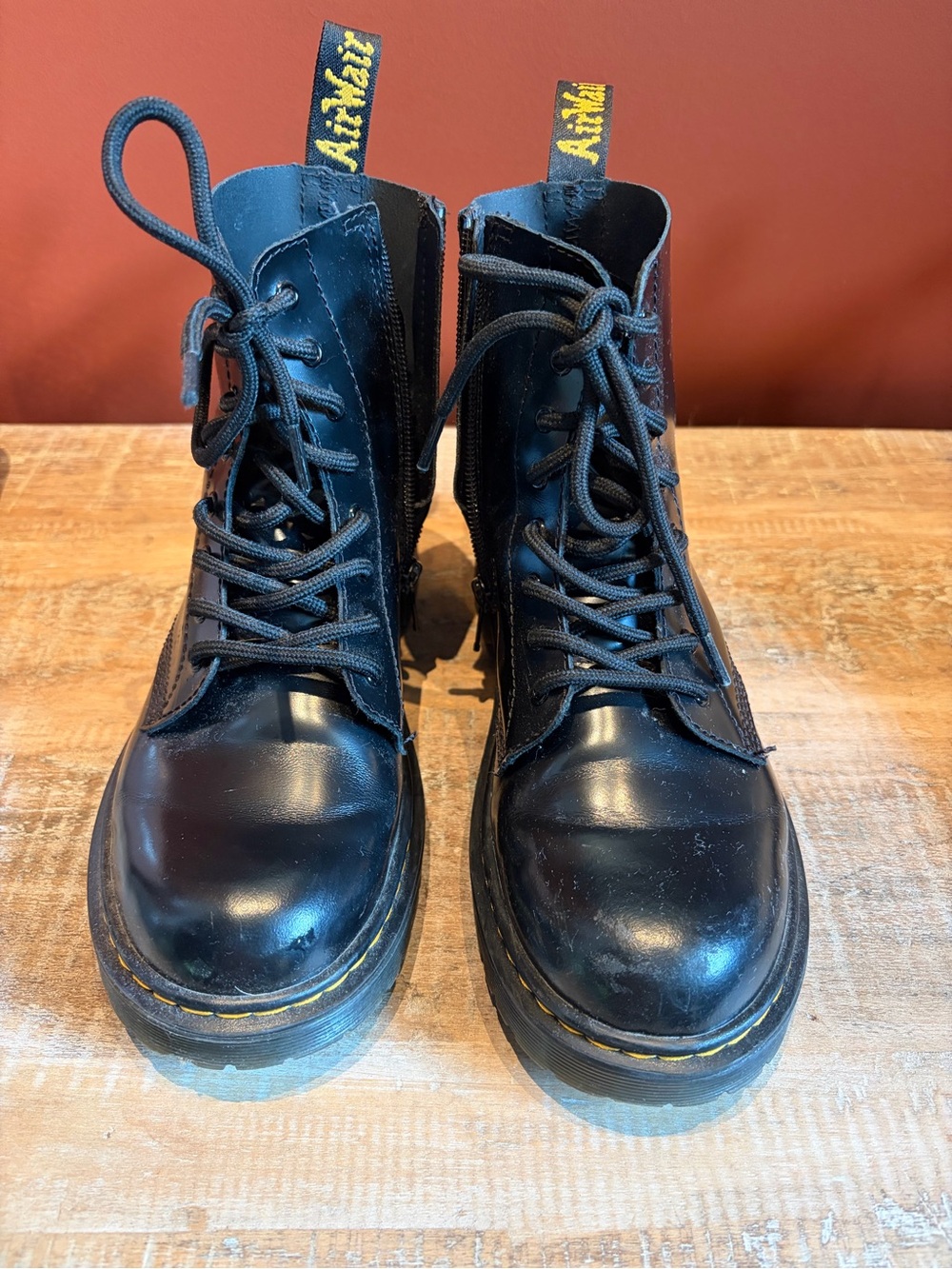Dr. Martens Black Leather Lace-Up Ankle Boots with Yellow Stitching
